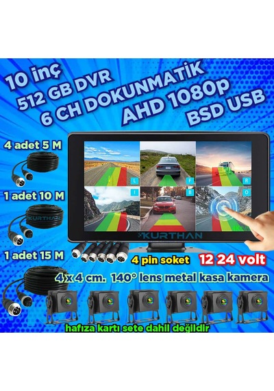 6 Ch 10 İnç Dokunmatik 1080p 6 Kameralı 4k Ultra Hd 512 Gb Dvr-usb-bsd Monitör Seti 12 - 24 Volt