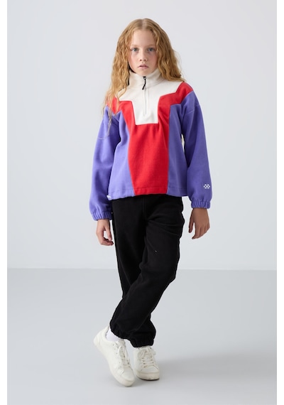Tommy Life Eflatun Kalın Yumuşak Dokulu Oversize Nakışlı Polar Kız Çocuk Sweatshirt - 75153 Eflatun