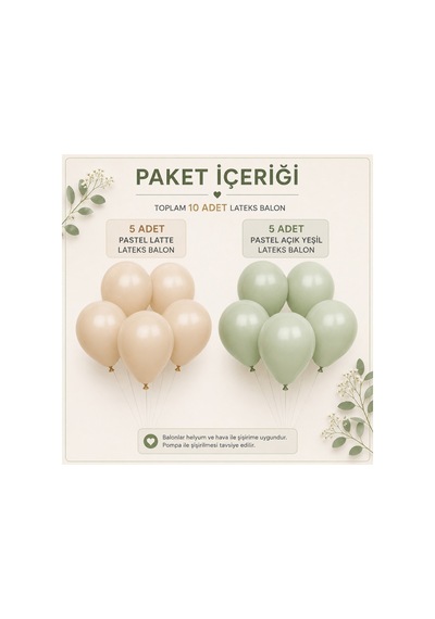 Pastel Latte & Pastel Açık Yeşil Lateks Balon Seti 10'lu 5 Latte Ve 5 Açık Yeşil Doğum Günü Parti Balonu Çok Renkli