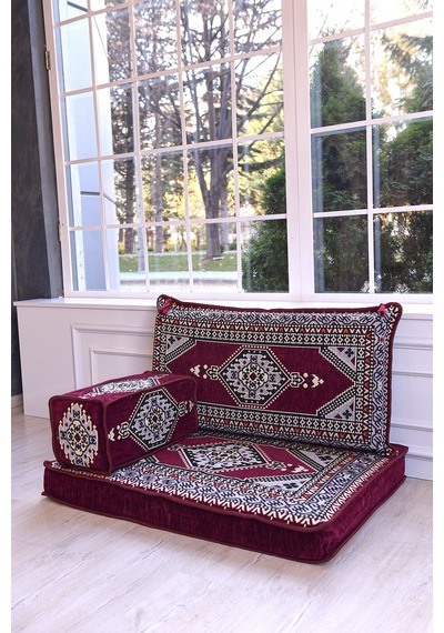 Bakırözü Home Şark Köşesi Takımı , 95 Cm Yer Minderi Takımı Bordo Yahyalı Modeli 3 Parça