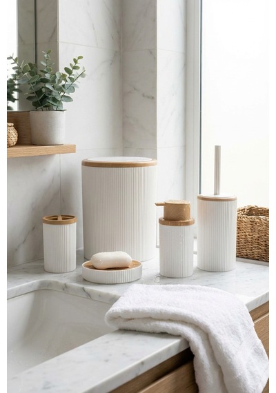 Makri Home Banyo Seti 5'li, Beyaz, Ahşap Desenli, Yuvarlak