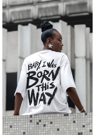 Sevbano Baby I Was Born This Way Yazılı Sırt Baskılı Unisex Oversize Şark Beyaz