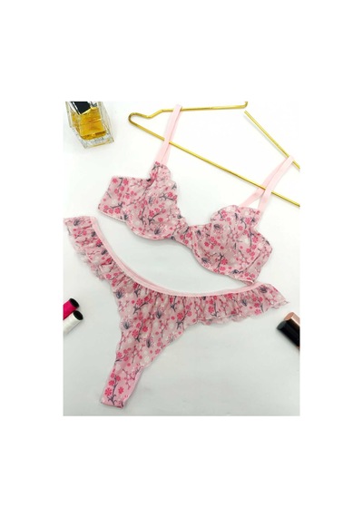 La Linaa Jasmin Pembe Çiçek Desenli Tanga Külotlu Sütyen Takım Pembe - 689426661 Pembe