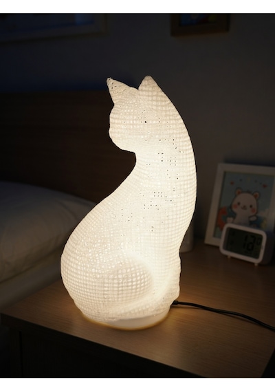 Dekoratif Kedi Figürlü Gece Lambası 3d Yazıcı Baskı Hediyelik Masa Lambası Aydınlatma 23cm Beyaz