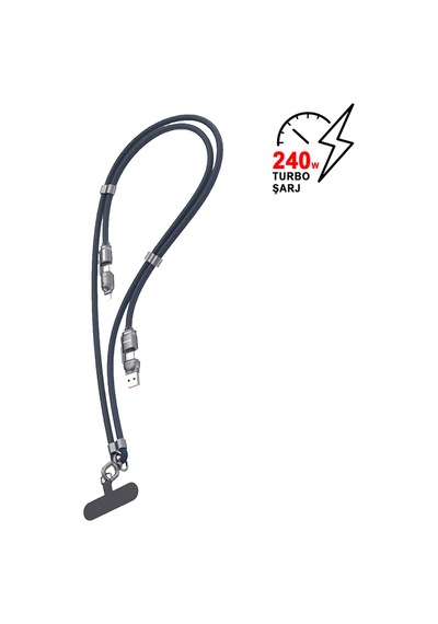240w 5'i 1 Arada Usb/type-c/lightning Boyun Askılı Turbo Şarj Ve Data Kablosu Hasır Kablo Mt2515