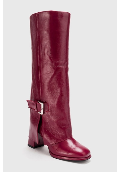 Luvishoes Lojo Bordo Kırışık Rugan Hakiki Deri Tokalı Kadın Kalın Topuklu Çizme Bordo