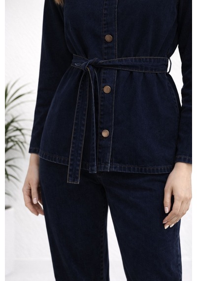 Hiramir Kadın Modern Kesim Kuşaklı Denim Takım Yz2601 Lacivert