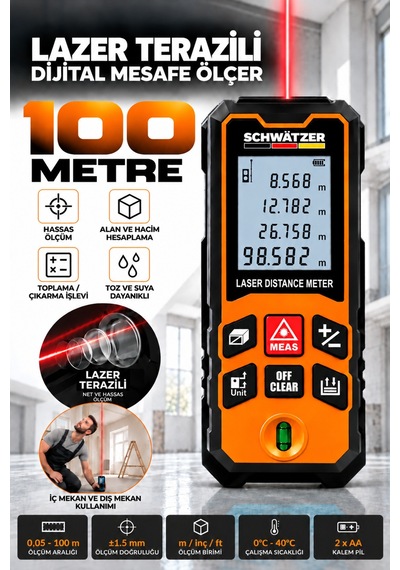 100 Metre Profesyonel Lazer Metre Su Terazili Dijital Ekranlı Hassas Mesafe Ölçer