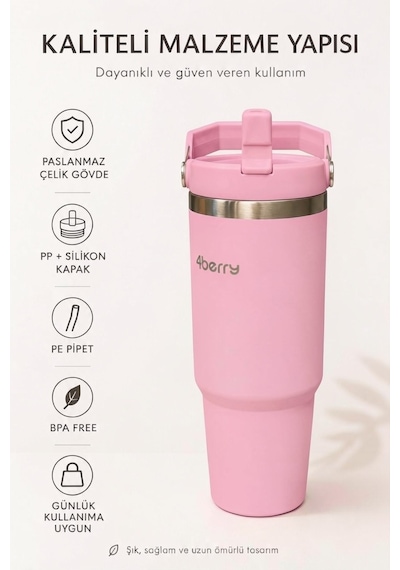Ss119 900 Ml Çelik Termos Bardak Pipetli Kulplu Taşınabilir Su Matarası Pembe