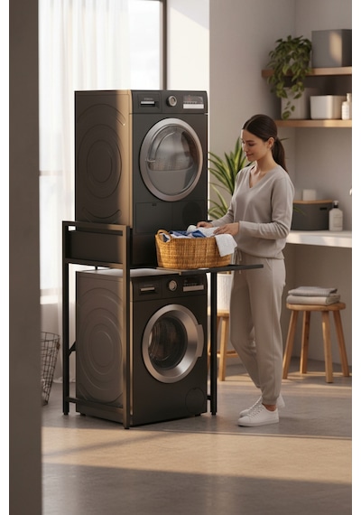 Çamaşır Sepeti Çekmeceli Çamaşır Makinası Ve Kurutma Makinası Rafı Makina Üstü Banyo Düzenleyici Raf Blackk