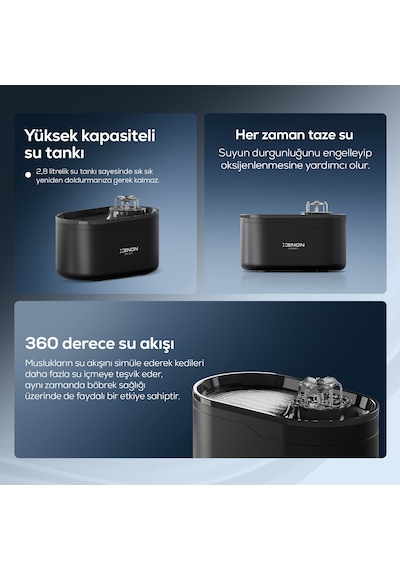 Xenon Smart Akıllı Otomatik Kedi Su Şelalesi Led Işıklı Ultra Sessiz Siyah Su Pınarı X8650 Siyah