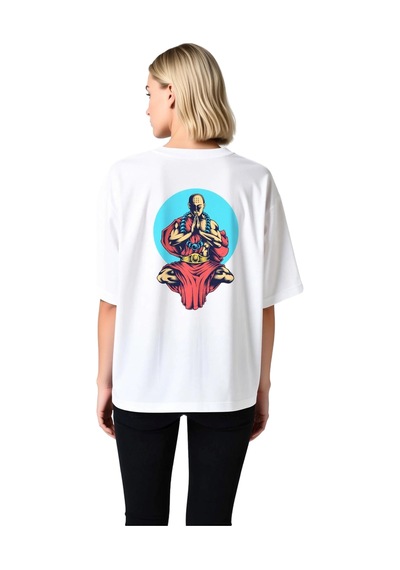 Paybuy Kadın Oversize Meditasyon Figürü Baskılı Tişört %100 Pamuk Rahat Beyaz