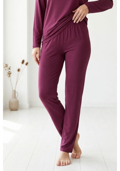 Mataş Kadın Dantelli Bambu Viskon Uzun Kollu Mevsimlik Soft Örme Yumuşak Pijama Takımı Bordo