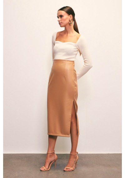 Sateen Yan Yırtmaçlı Deri Etek - Camel
