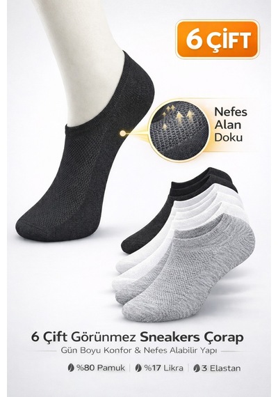 Worthy Socks 6'lı Unisex Pamuklu Yıkamalı Nefes Alan Sneakers Görünmez Çorap 6 Çift Çok Renkli