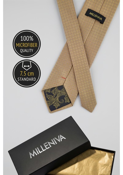 Milleniva Mikro Kare Desenli Gold Kravat & Mendil Altın