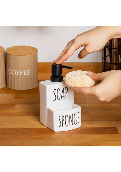 Sıvı Sabunluk Ve Süngerlik Seti Mutfak Banyo Düzenleyici, Seramik Sabunluk Pompalı, Sünger Or Beyaz