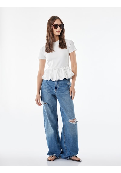 Koton Slim Fit Kısa Kollu Bisiklet Yaka Balon Peplum Tişört Ekru 6sal10578ık