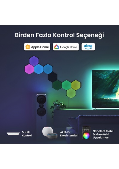 Nanoleaf Altıgen Akıllı Rgbw Duvar Paneli Başlangıç Paketi App Kontrollü, 9 Parça, Siyah, Google Hom RGB