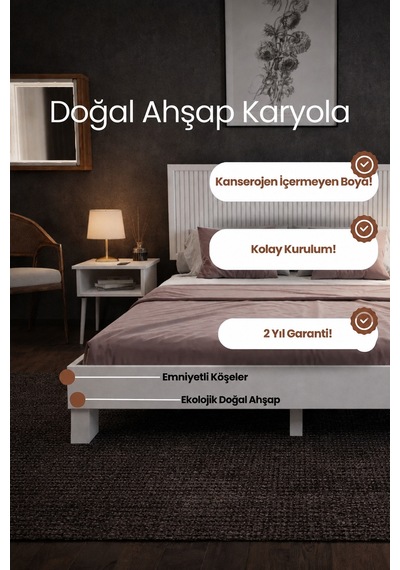 Alaz Dikey Başlıklı Masif Ahşap Karyola Beyaz 90x190
