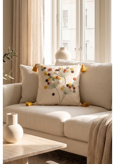 Polen Punch Nakışlı Çiçek Desenli Dekoratif Gizli Fermuarlı Püsküllü Kırlent Kılıfı 42 X 42 Cm Bej