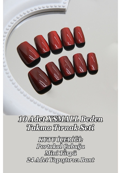 Xsmall Beden Bordo Kedi Gözü Kısa Küt 10 Adet Takma Tırnak Seti T036 Bordo