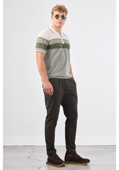 Dufy Haki Çizgili Yatay Desen Erkek Triko - Slim Fit Haki