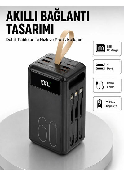 Tüm Cihazlarla Uyumlu Led Fenerli 4 Çıkışlı Powerbank Yeni Nesil Siyah