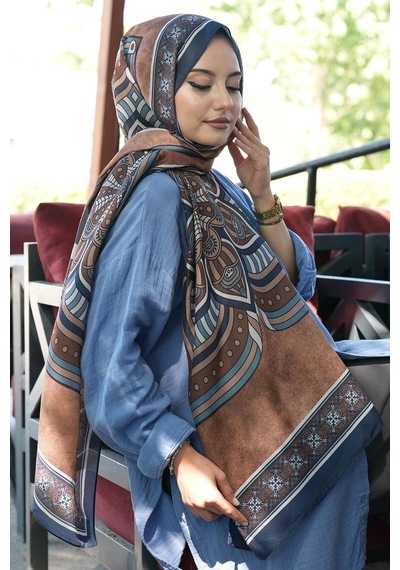Afvente Geometrik Desen Lacivert Soft Pamuk Şal Çok Renkli