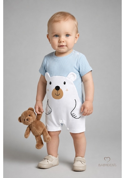 Babyden's Erkek Bebek Ayıcık Baskılı Kısa Kollu %100 Pamuk Yazlık Bebek Tulumu Yenidoğan Günlük Tulum 0-9 Ay Bebe Mavi