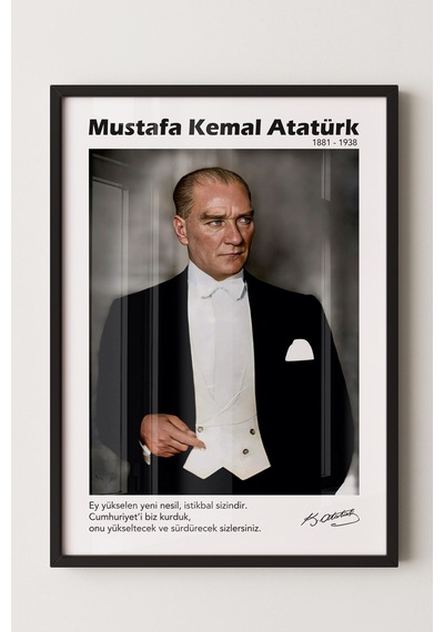 Siyah Çerçeveli Mustafa Kemal Atatürk Duvar Tablosu Sanatsal Modern Duvar Dekoru Poster -