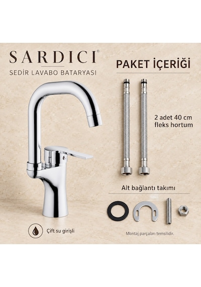 Sardıcı Sedir Lavabo Bataryası Krom Pirinç Gövde Çift Su Girişli Tam Takım