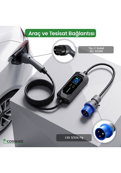 7 KW 32A Türkçe Menü 10 M Elektrikli Araç Şarj İstasyonu Taşınabilir