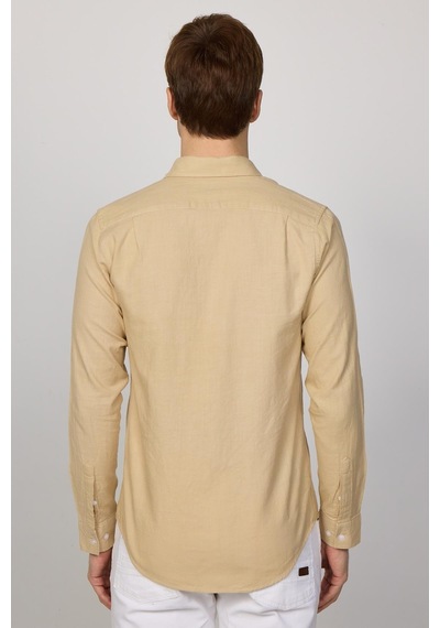 Tudors Slim Fit Uzun Kol Biyeli Yaka Düğmeli Keten Bej Erkek Gömlek-28742-bej Bej
