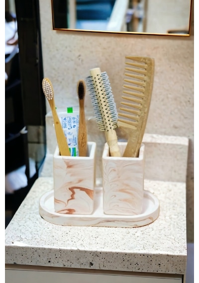 Banyo Seti Turuncu Tepsili Diş Fırçalık, Diş Macunluk, Makyaj Organizeri,banyo Takım Gri