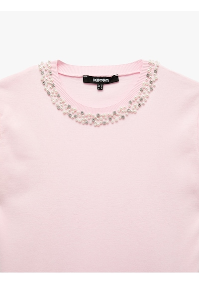 Koton Regular Fit Boncuklu Bisiklet Yaka Kısa Kollu Viskon Triko Kazak Pembe 7wak90135ht Gülkurusu