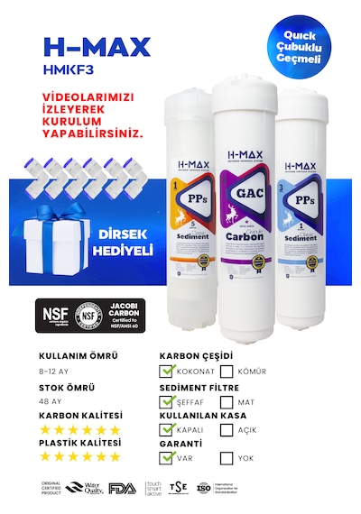 H-max Inline Kapalı Kasa Su Arıtma Cihazı Ilk 3 Filtre Seti 020