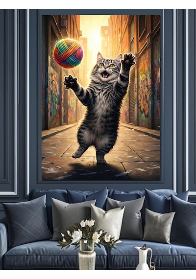 Ahşap Tablo Yumakla Oynayan Kedi Resmi