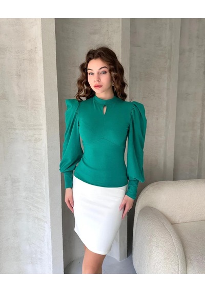 Markahit Defile Öpücük Yaka Prenses Kol Crep Bluz Yeşil