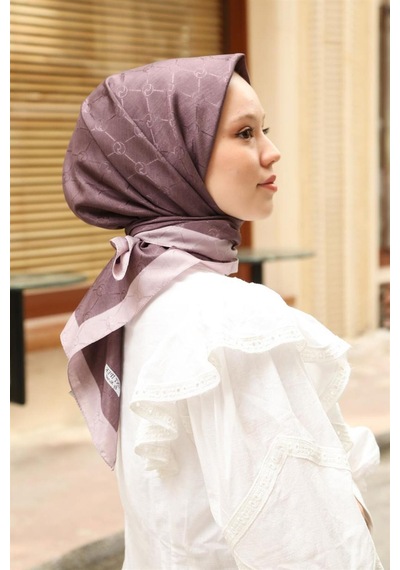 Premium Lux Original Monogram Şal İpek Vual, Yüksek Kalite, Hafif, Rahat, Şık, Tesettür, Shawl Mor - Çift Şeritli