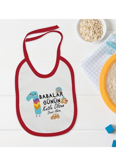 Bk Kids Kişiye Özel İlk Babalar Günü Tasarımlı Kırmızı Bebek Mama Önlüğü-4 Kırmızı