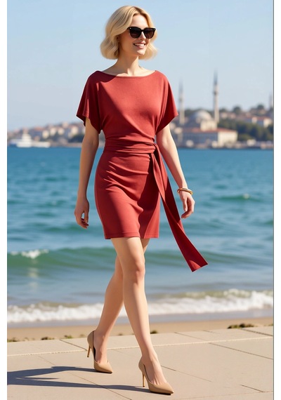 Benerly Kadın Kısa Kollu Asimetrik Yaka Bağlamalı Bodycon Mini Elbise Vis Kiremit