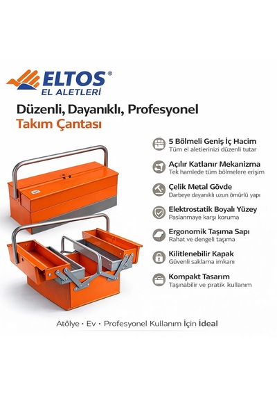 Profesyonel 5 Bölmeli Metal Takım Çantası 52x5 Çelik Gövde -