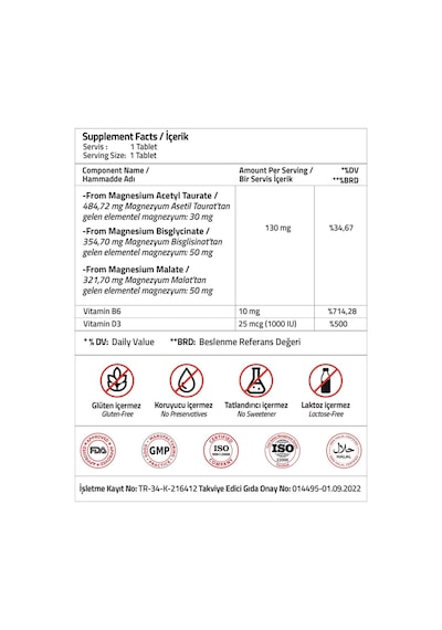 Validus Magnezyum Complex Bisglycinate Taurat Malat Vitamin B6 Vitamin D3 1000 Ünite 30 Tablet
