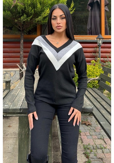 WeShaya Kadın Siyah Uzun Kollu V Yaka Color Block Pamuklu Bluz Sweatshirt Siyah