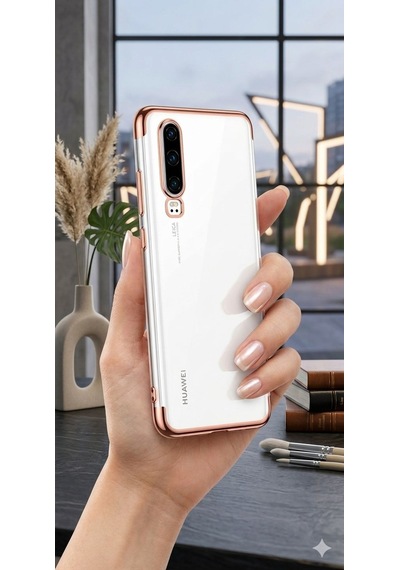 Huawei P30 Kılıf Dört Köşeli Lazer Silikon Kılıf Rose Gold