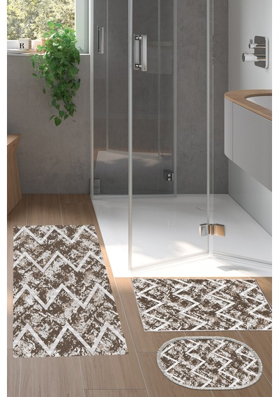 Dekoreko Kaymaz Taban Djt 3 Lü Banyo Paspas Takımı Yıldız Deri Karışık Iskandinav F5128 Kahve
