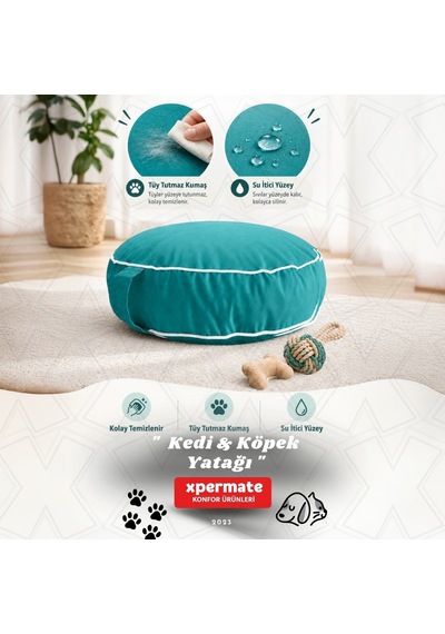 Xpermate Fermuarlı Kedi ve Köpek Minderi Yuvarlak Kedi Minderi Yıkanabilir Kedi Köpek Yatağı Turkuaz