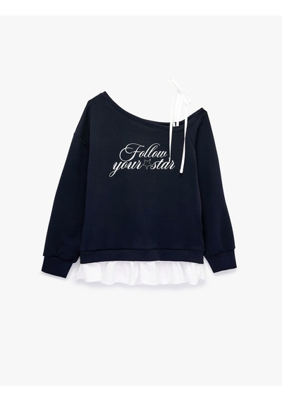 Koton Pamuklu Asimetrik Yaka Tek Askılı Baskılı Uzun Kollu Sweatshirt Lacivert 7wal10254ık