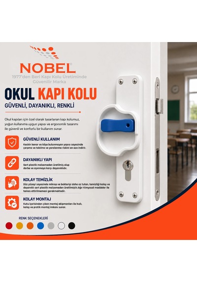 Okul Kapı Kolu Kreş, Anaokulu Ve Sınıf Kapıları İçin Çocuk Korumalı Emniyetli Dayanıklı Plastik Kapı Kolu - Beyaz Mavi